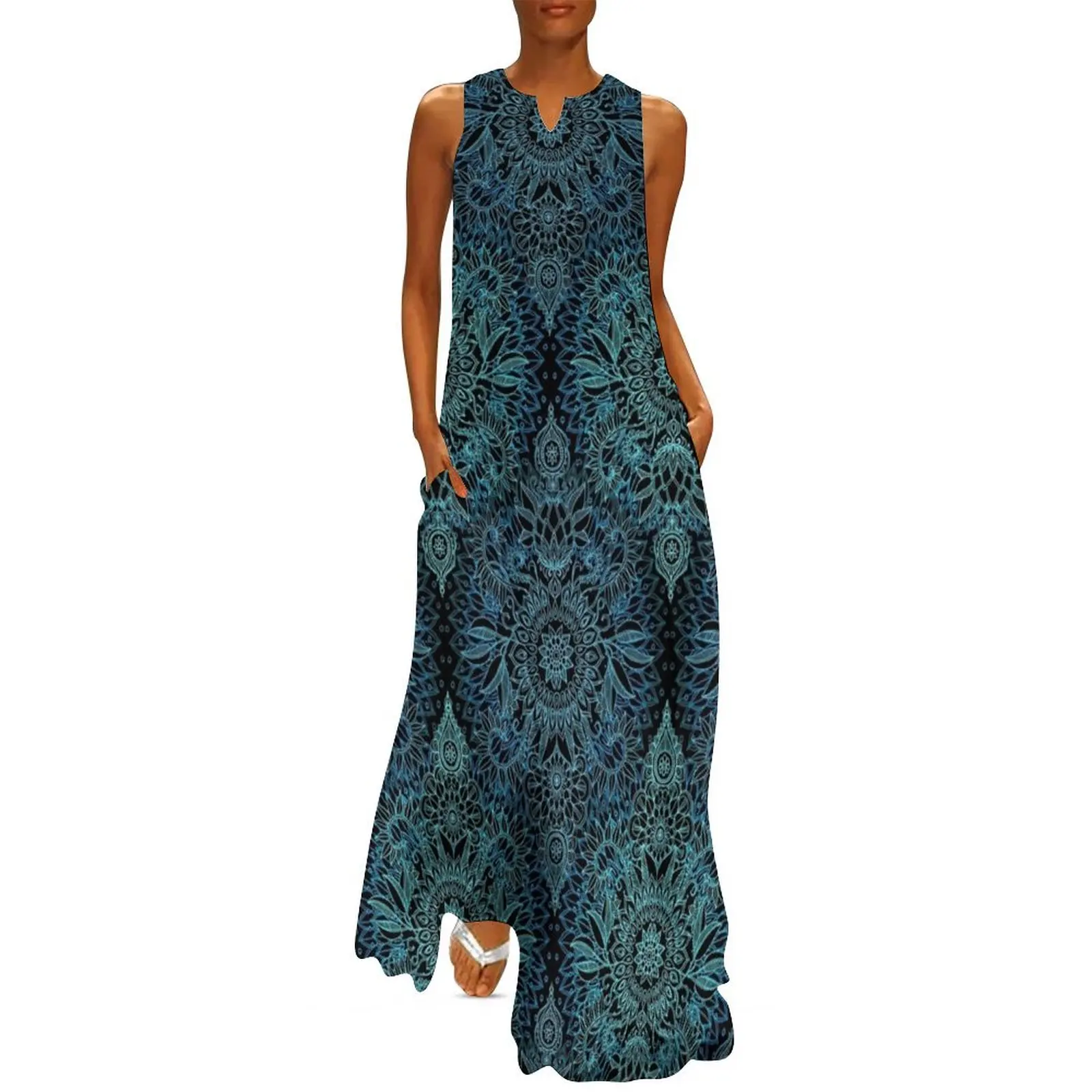 

Black, Teal & Aqua Protea Doodle Pattern Long Dress womans clothing Dress woman