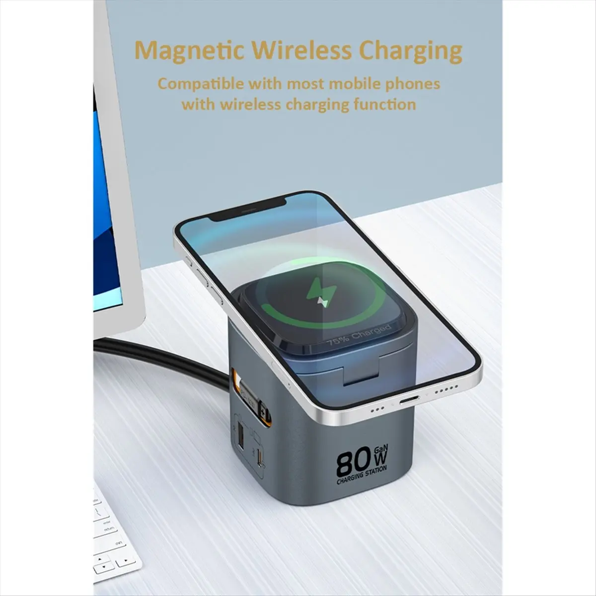 Y14A 80W 6-In-1 GaN 충전 스테이션 무선 어댑터(타입 C PD 60W 접이식 충전 케이블 포함) 고속 충전기 US 플러그
