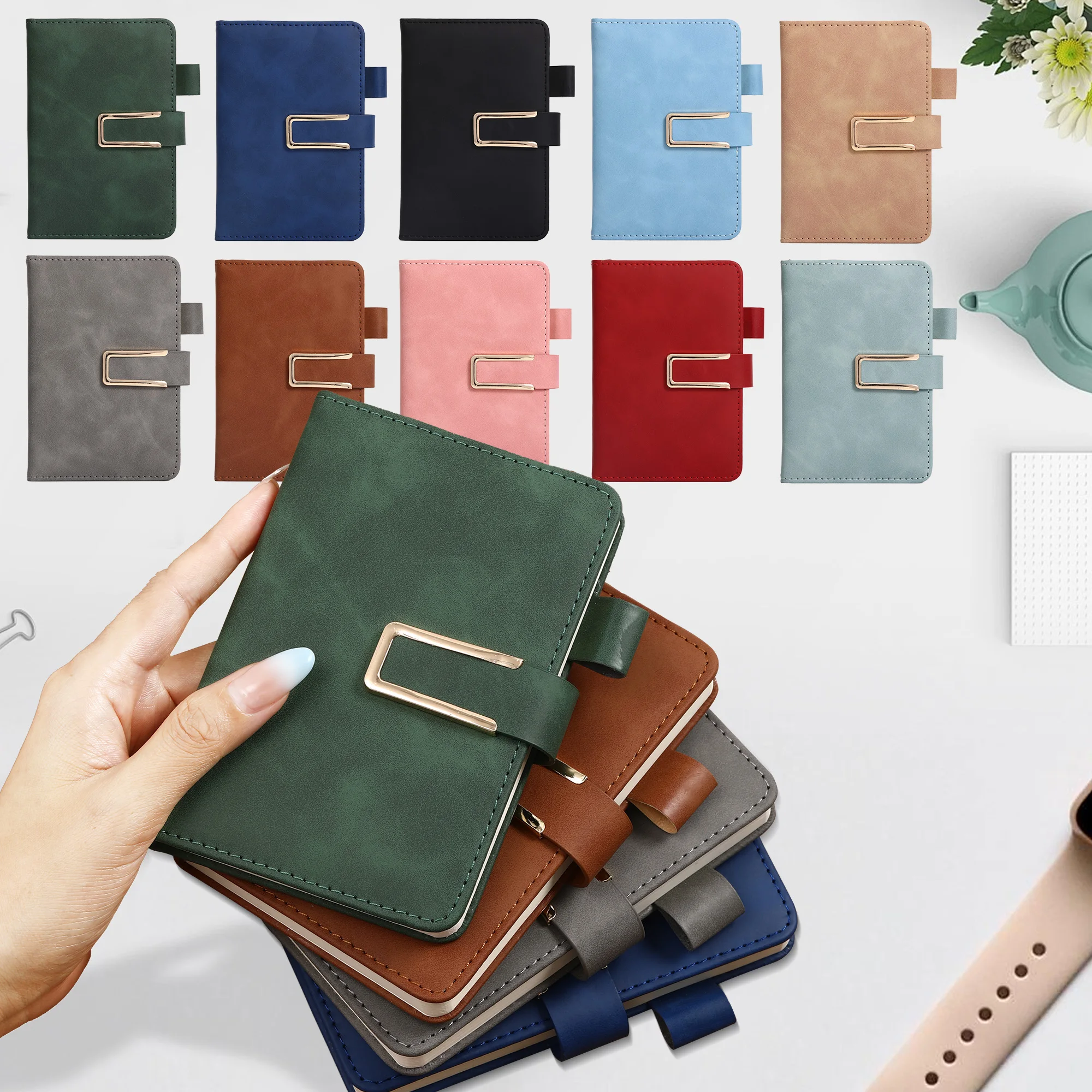 A6/200 page PU retro cover notebook with U-shaped buckle, pen clip, soft cover, bookmark, perfect for business meetings