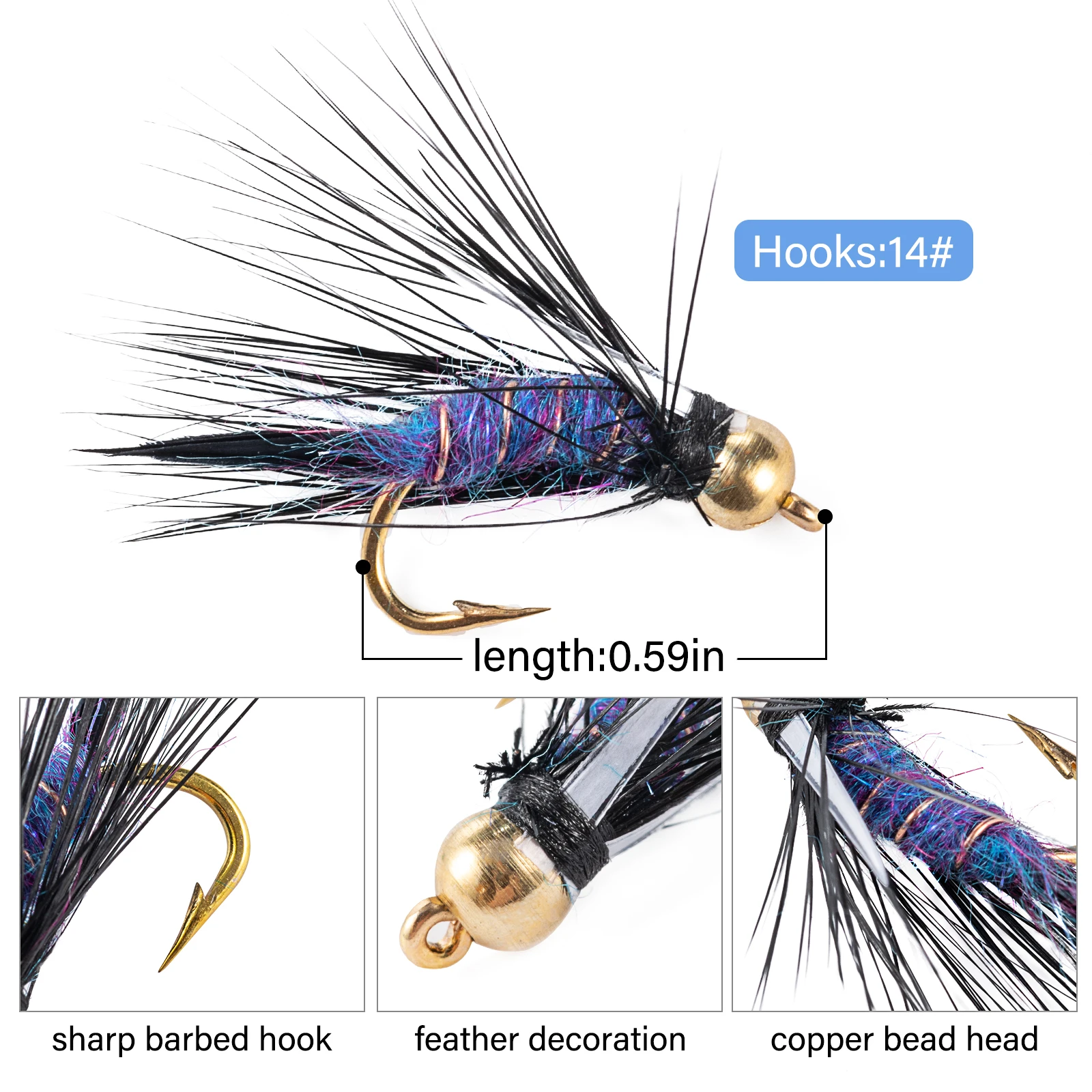 Goture 5PCS 14# Black Woolly Bugger Black Red Purple Color Fly Fishing Lure Streamer Bead Golden Head