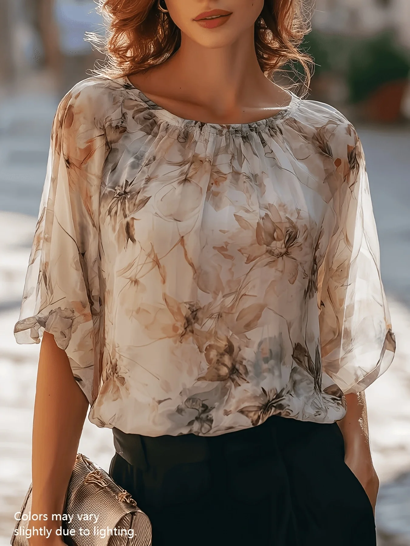 

Women's Watercolor Floral Semi-Transparent Chiffon Shirt with Round Neck, Puff Sleeves, Elegant Daily Casual Top