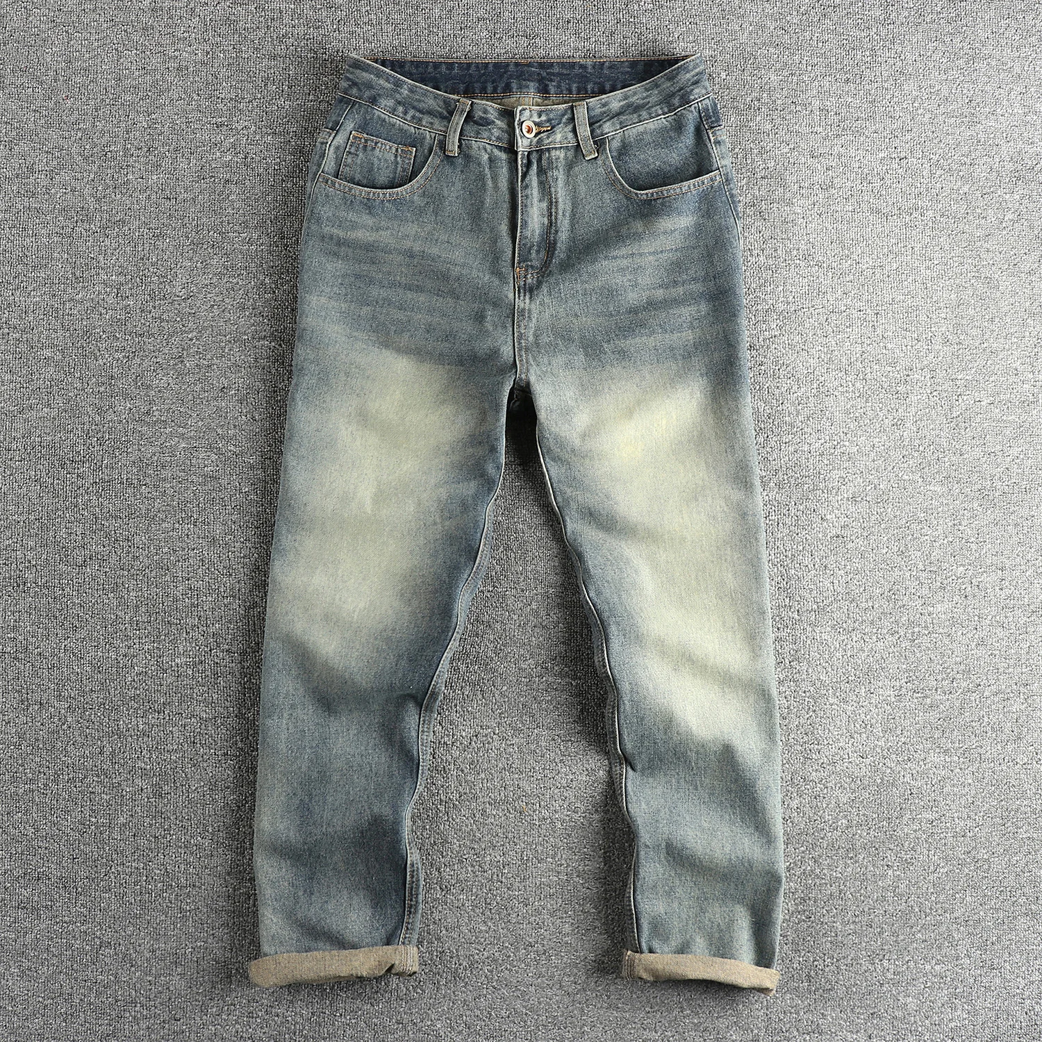 Vintage blue to do old wash slightly loose straight leg jeans men order fabric matching pants