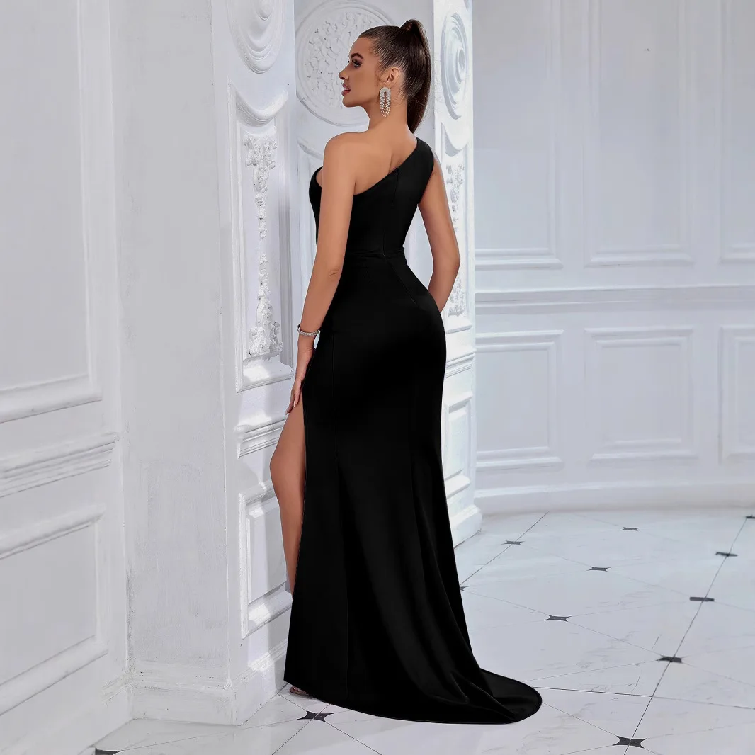 فستان سهرة طويل مثير بكتف واحد وخصر ضيق للنساء، تصميم عصري عبر الحدود بخصر متوسط من مادة الحرير #2