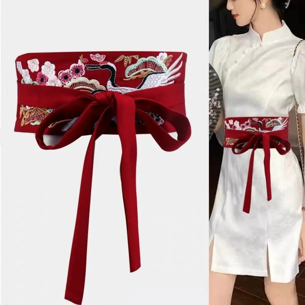 Embroidered Embroidered Waistband Flower Pattern Wide Width Chinese Style Belt Crane Phoenix Tie Wrap Style Hanfu Cummerbund