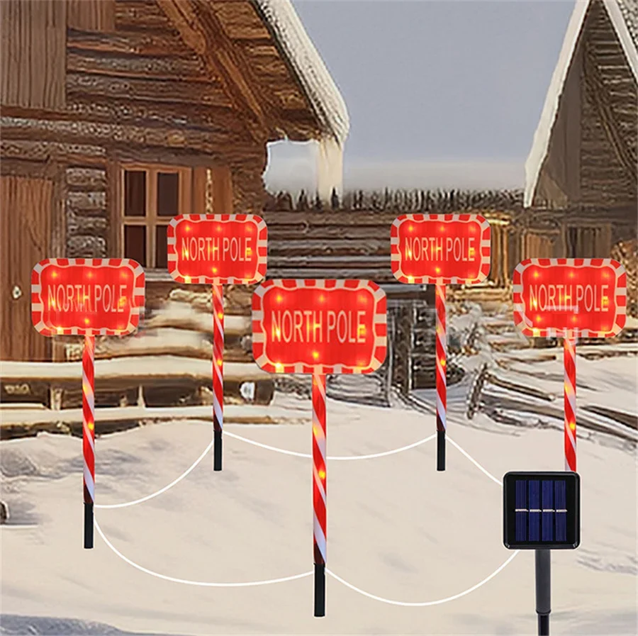 5 IN 1 Solar Powered North Pole Sign Light Outdoor Solar Christmas North Pole Sign Lamps Candy Cane Solar Pathway Light