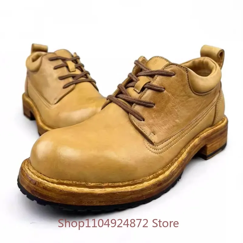 

Handmade Men's Shoes Casual Business Work Genuine Leather Retro Washed Horsehide Round Toe Derby Dress Leather Shoes Man