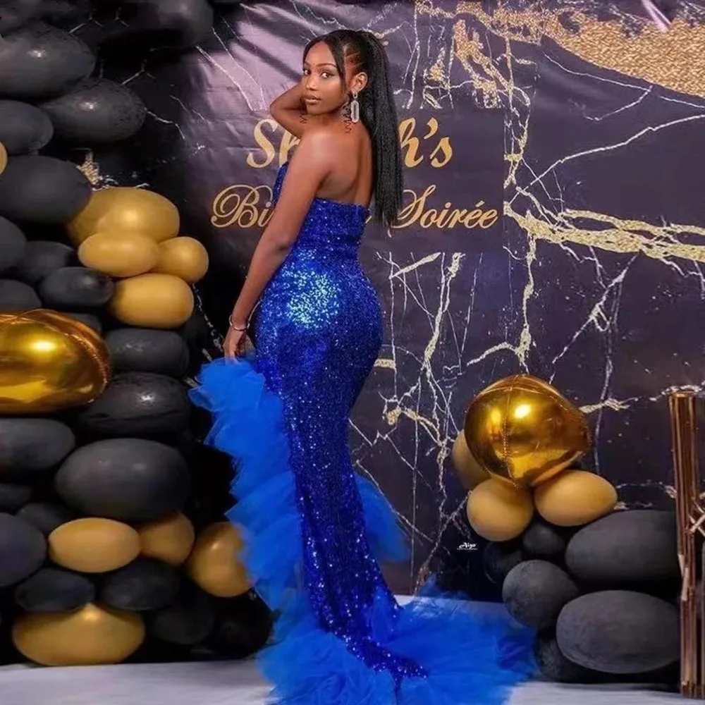 

2023 New In Royal Blue Sequined Mermaid Evening Dresses Tulle High Low Sweetheart Long Prom Gowns Women Formal Maxi Party