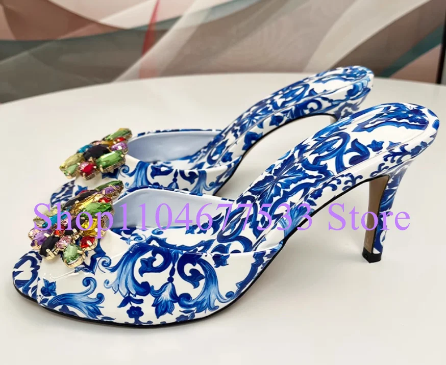 

New Blue and white Porcelain Color Crystal Lady Sandals Fashion Thin Heel Rhinestone Woman Slippers Shoes Female Beach Shoes