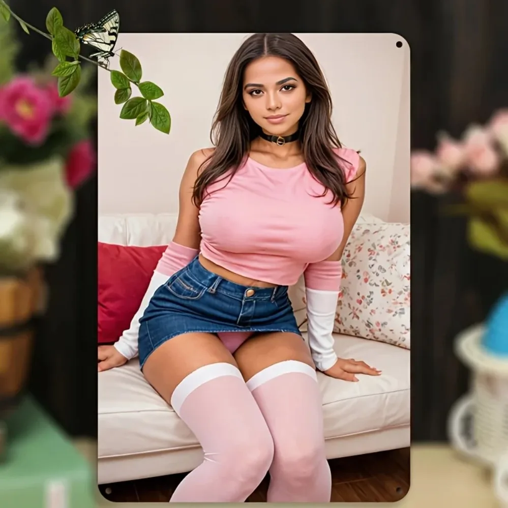 2026--Vintage Metal Wall Art 8x12 Inch Girl Pink Top Denim Skirt 2D Flat Decor