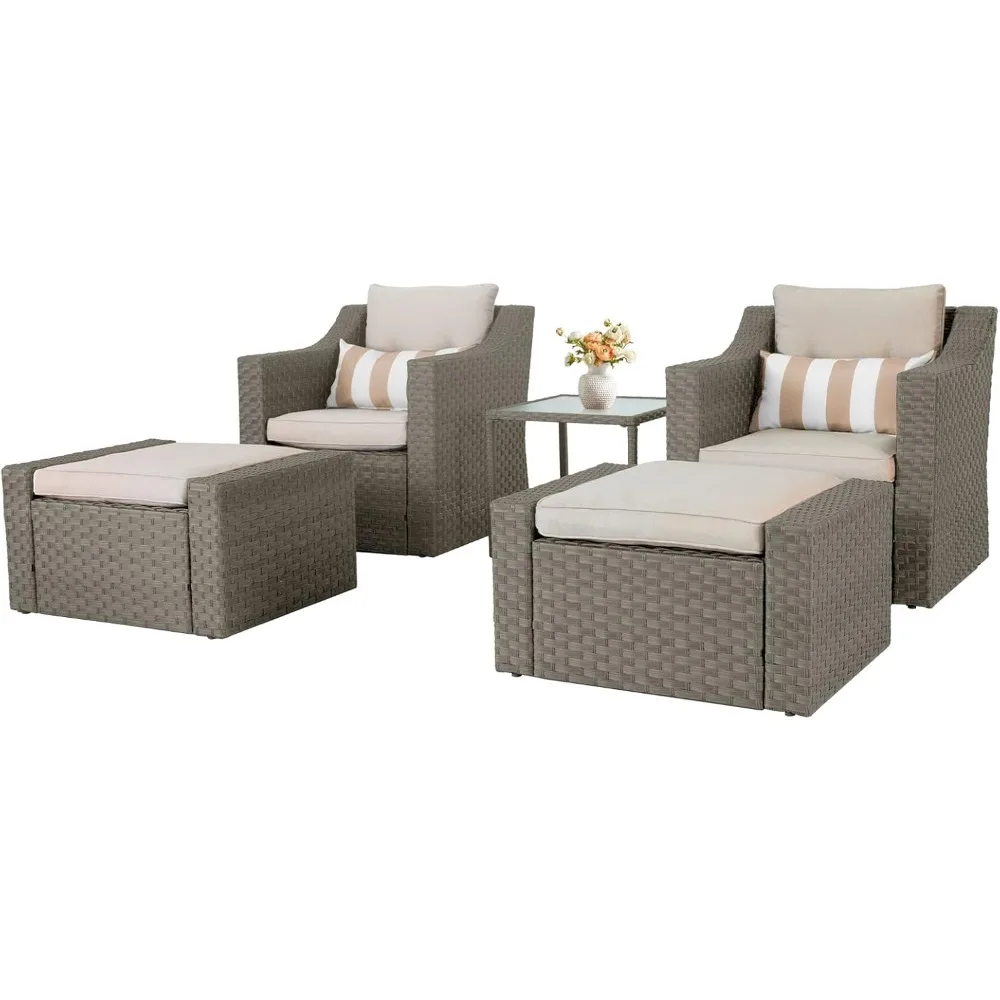 

5 Piece Patio Conversation Set Outdoor Furniture Set, Grey Wicker Lounge Chair with Ottoman Footrest, W/Coffee Table & Cushions