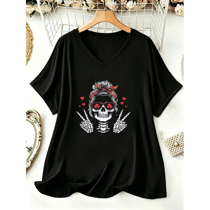 Halloween  Women'S Batwing Sleeve V-Neck Top,Skull And Peace Sign Heart Sweet Cool Individual Printed Pattern Casual