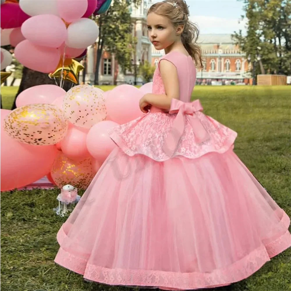 Ruffles menina vestido de renda, princesa rosa, menina flor de aniversário da criança, festa de casamento, mostrar primeira comunhão, moda adolescente