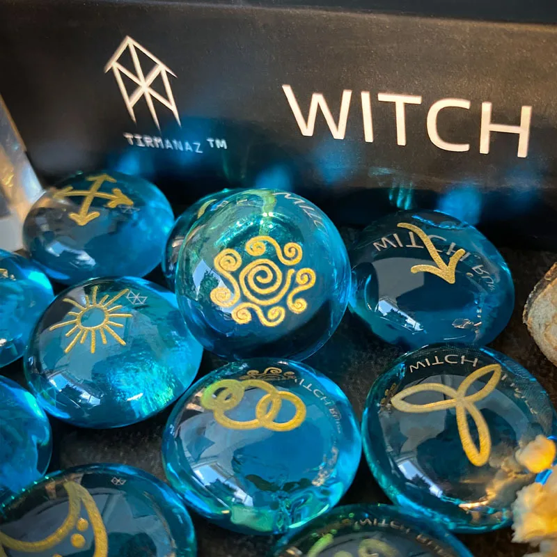 Blue Glass Witch Rune Stones Set Witches Runes Divination Kit Witchy Altar Divination Tool, Beginner Spiritual Gift