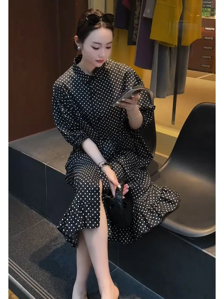 

plus Size Women's Casual Polka Dot Midi Dr Korean Sle Collar A-Line Skirt Comfortable Loose Fit Autumn New Faion