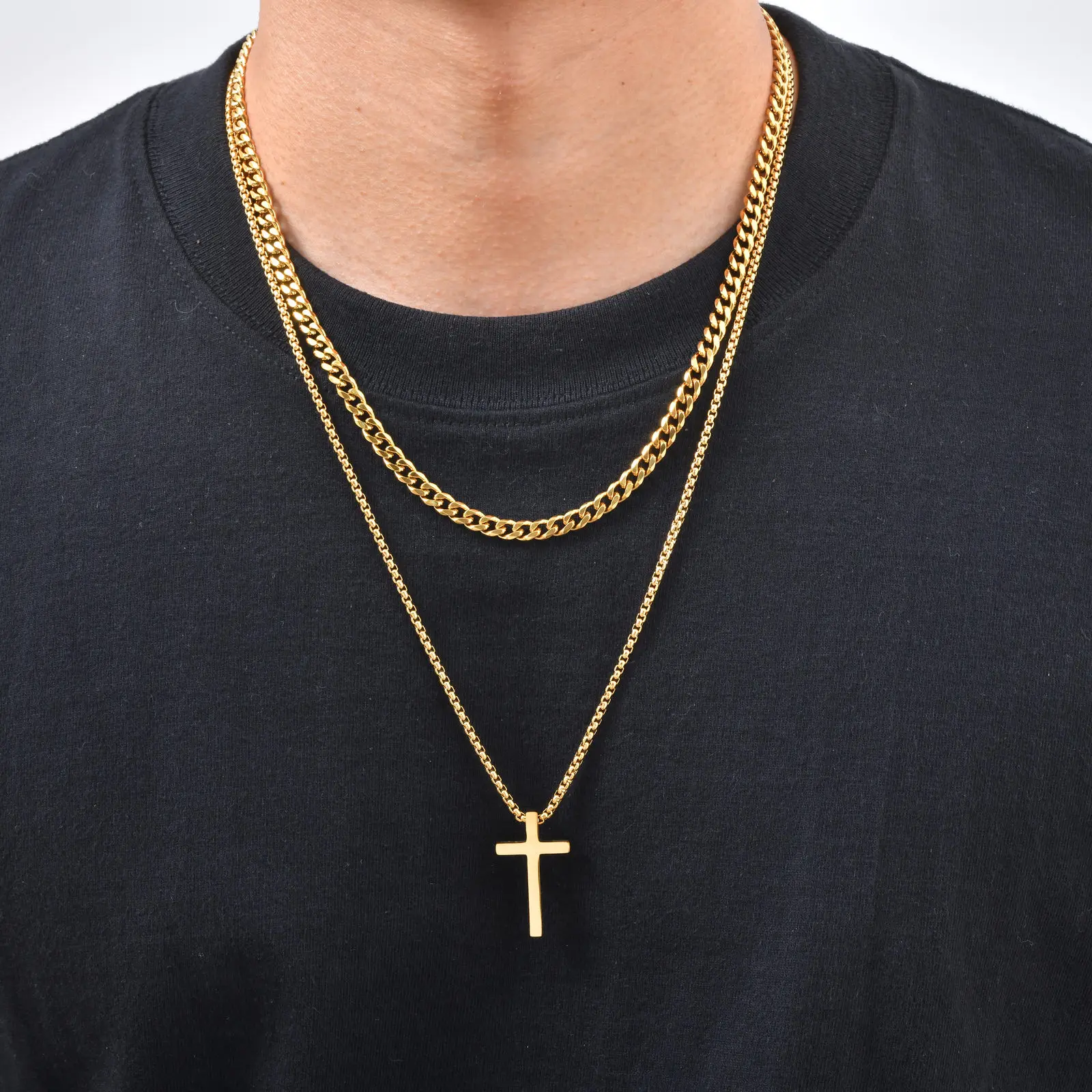 Vnox Mehrschichtige Kreuz-Halskette, Edelstahl-Mehrfachketten-Halsketten mit gedrehtem Panzerketten-Anhänger, Hip-Hop-Schmuck mit religiösem Motiv für Männer. – Detail 21