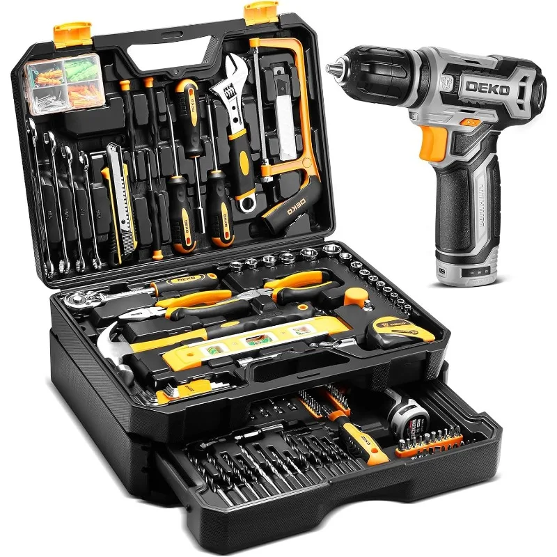 

Tool Kit Box Drill Set：Home Mechanic Toolbox with 12V Power Cordless Drill Hand Repair Tools Sets Combo Kits Storage Organizer