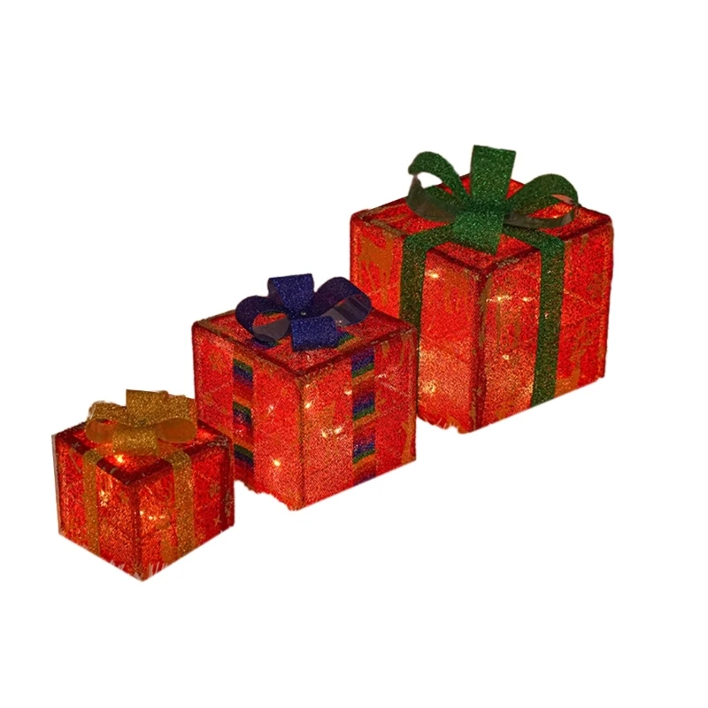 3 stks LED Warme Lichten Present Box Ornamenten Kerst Verlichte Geschenkdozen Vakantie Gloeiende Decoratie voor Binnen Buiten