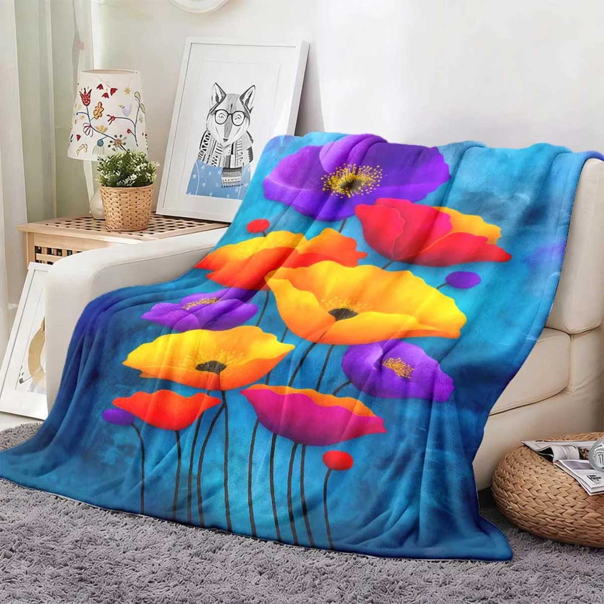 Vibrant Poppy Flower Flannel Throw Blanket, Colorful Watercolor Floral Print Soft Warm Blanket for Sofa Bedroom Home Decor