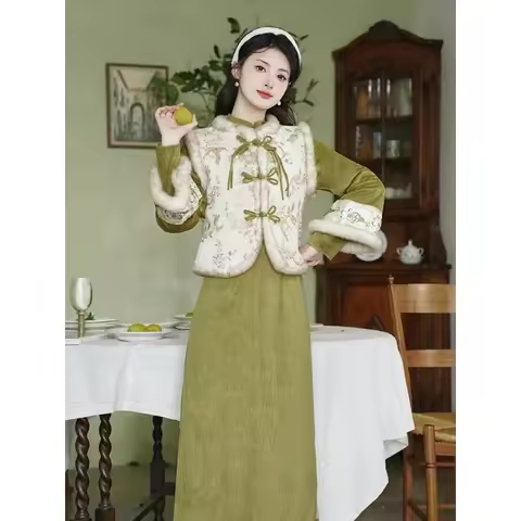 Chinese Vintage Ladies Cheongsam Dress White Velvet Vest Green Dress Modified Modern Qipao Women Elegant Evening Dress