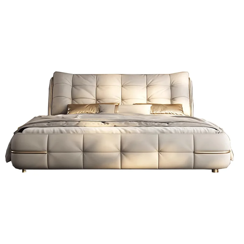 Modern simple light luxury cream leather upholstered solid wood frame high box storage double bed 2x2 meters