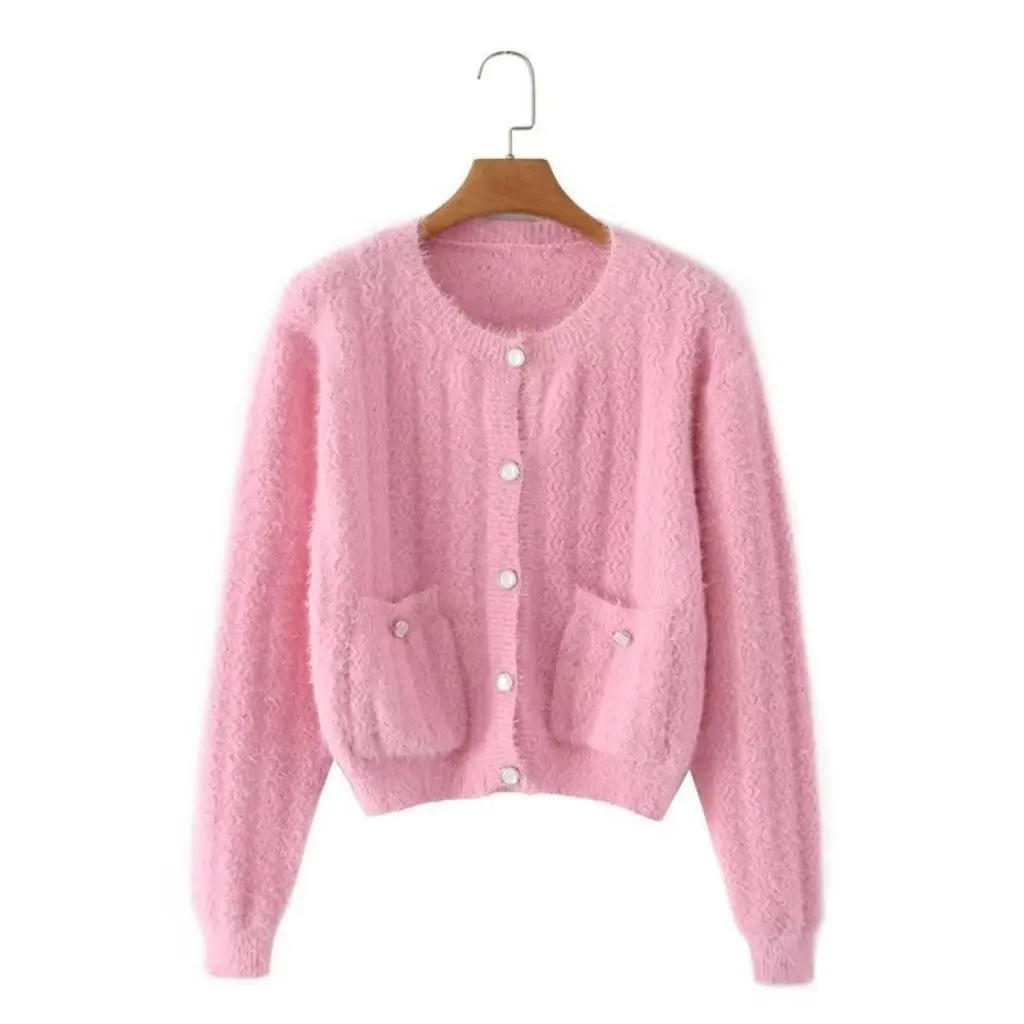 

Women's Short Knitted Cardigan Sweater Double Pocket Single Breasted Hairy European American Style Autumn New Wholesale