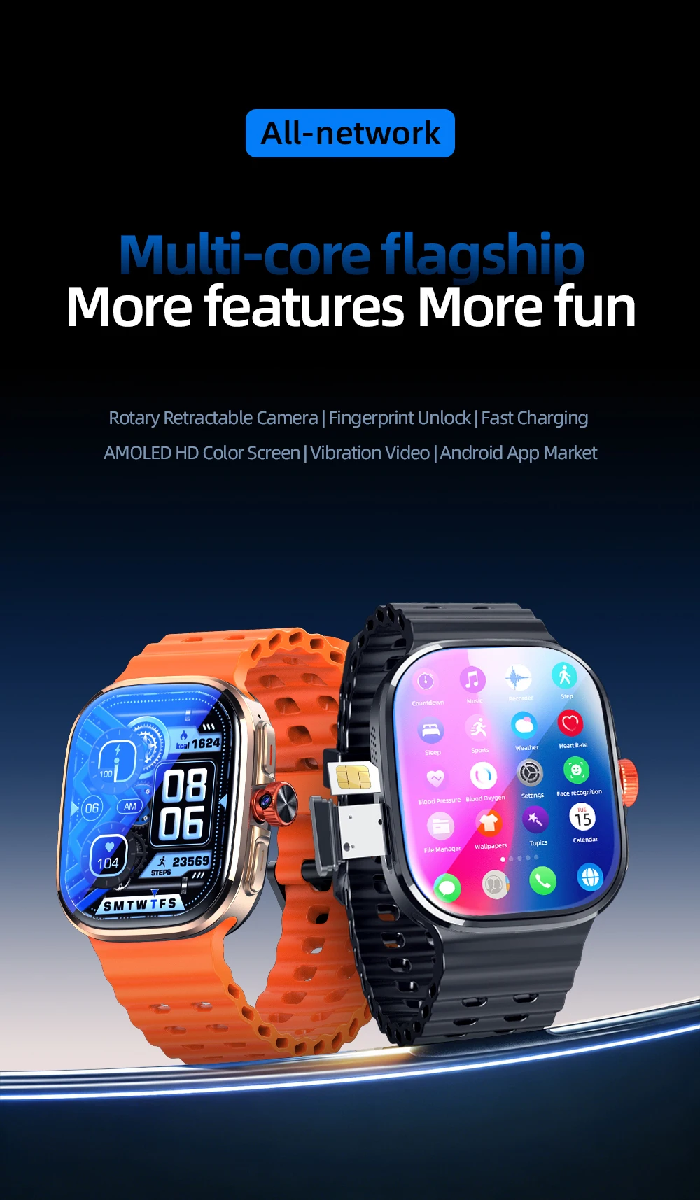 Original M99 Android Smart Watch 2.4inch Amoled 5G LTE Smartwatch With 900W Rotary Camera GPS WIFI Sim Card Slot NFC App Store