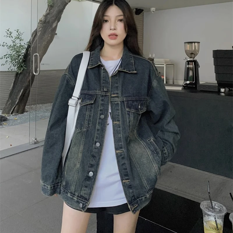 

Oversize Korea Washed Denim Coat Women's Autumn 2025 New Bomber Street Casual Denim Outwear Top Loose Long Sleeve Jeans Jacket