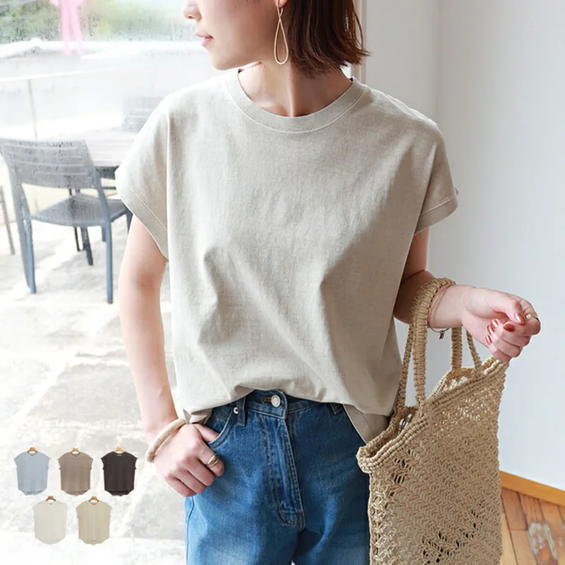 

Korean Japanese Style Women's round Neck Cotton T-shirt Summer New Fashion Ladies' Split Hem Color Top