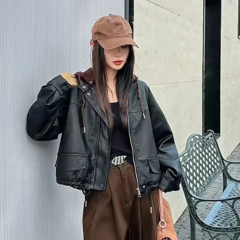 2025 여성 패션 인조 가죽 코트 가을 겨울 여성 탈부착 가능한 후드 재킷 한국 여성 긴 소매 PU 가죽 아우터