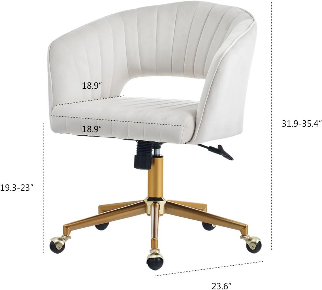 Velvet Home Office Chair, Modern Swivel Desk Chair with Gold Base, Round Solid Wheel, Adjustable Vanity Chair