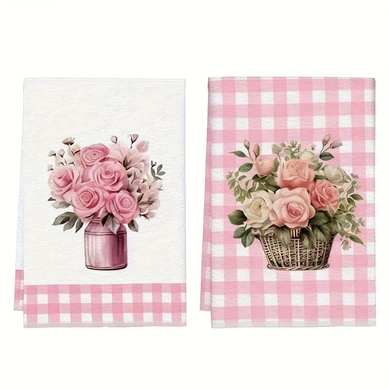 2Pcs, Sweet Pink Checkered Rose Kitchen Towels, 40Cm*60Cm T…