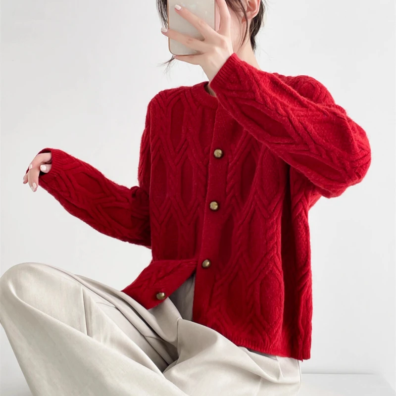2025 Women's Warm Versatile For Autumn Winter Knitted Cardigan Woman Solid O-Neck Button Pearl Twist Flower Long Sleeve Sweater