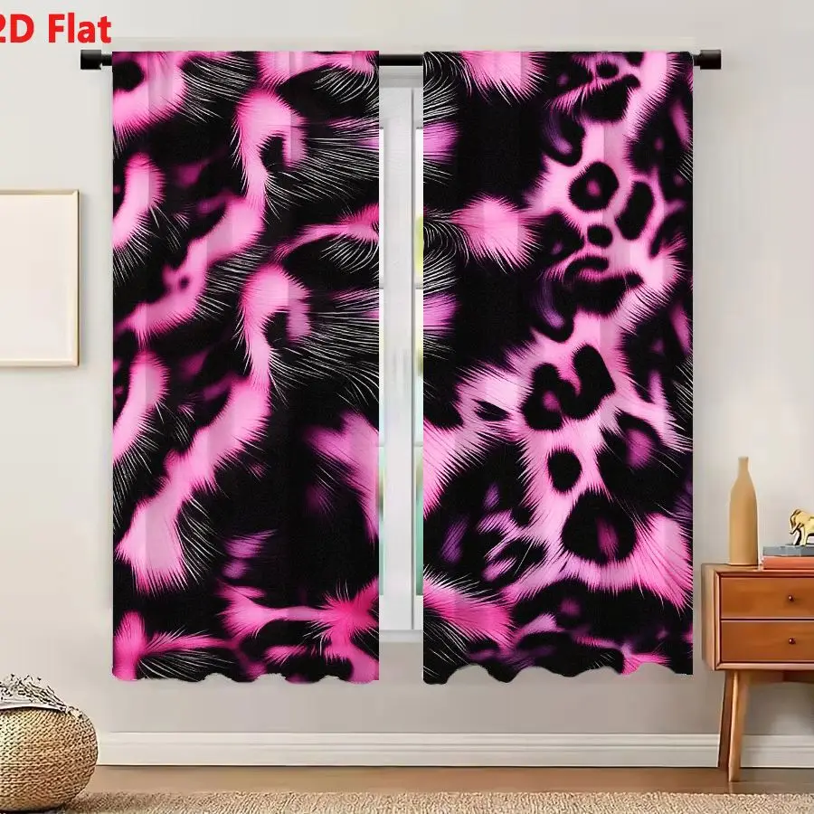 2Pcs Curtains 2D Flat Vibrant Abstract Pink And Black Leopard Spot Pattern With Feathery Brushstrokes For Fashion Textile Design