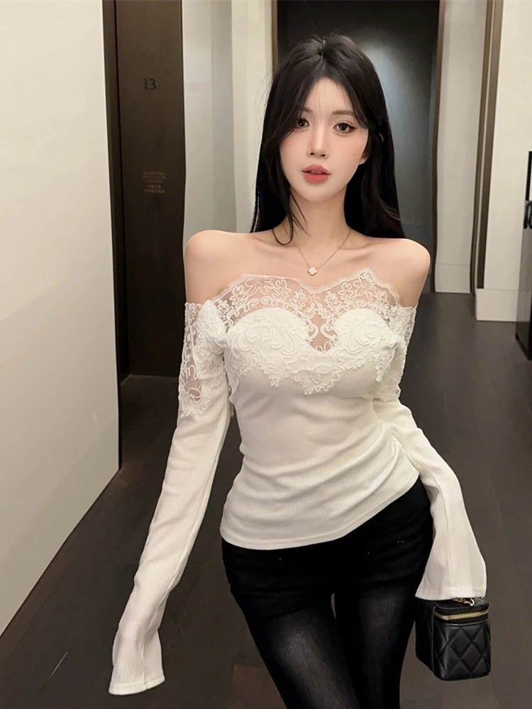 White Lace Splice One Shoulder Long Sleeve Base Shirt Pure Desire Atmosphere Show Skeleton Design Slimming Effectiveness Smal...