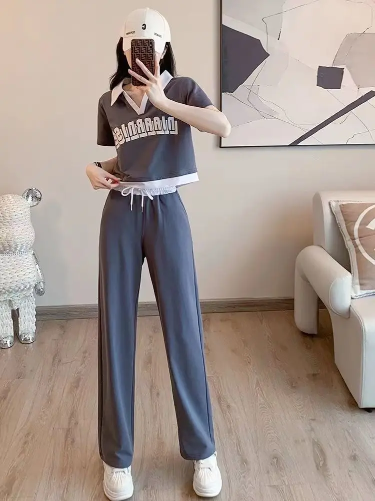 Casual sportswear set summer new Korean version women's short sleeved top+fashionable wide leg pants two-piece set trendy