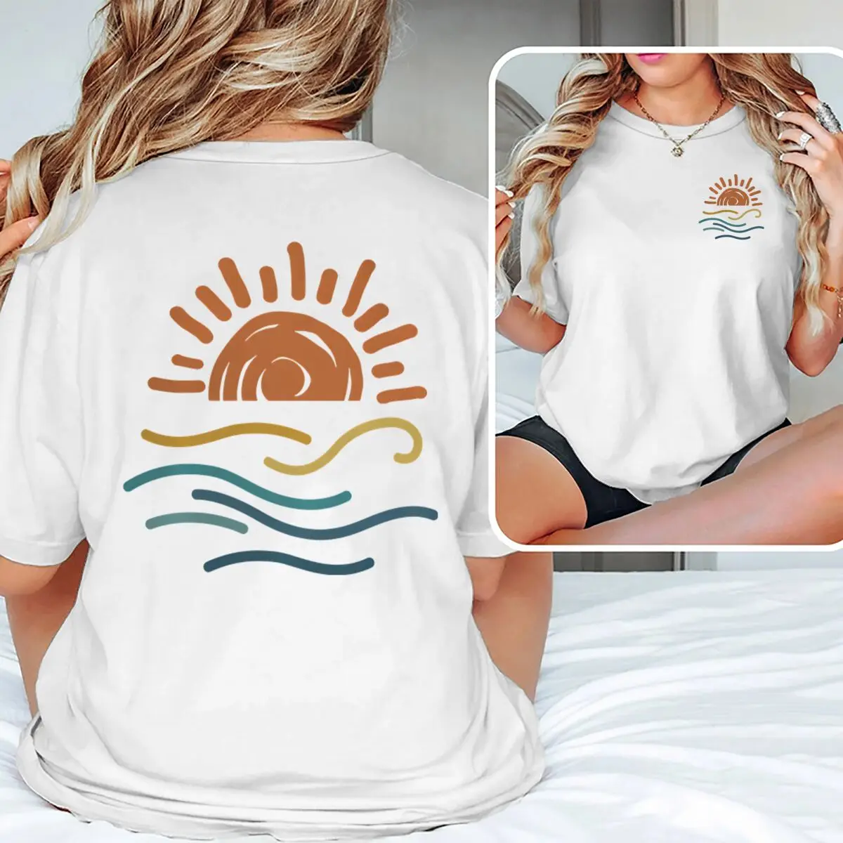 

Beach Sunset Graphic Print T-shirts Unisex Boho Beach Sunset Short Sleeve T-shirt Vacation Casual Tops Men's Women's Clothing