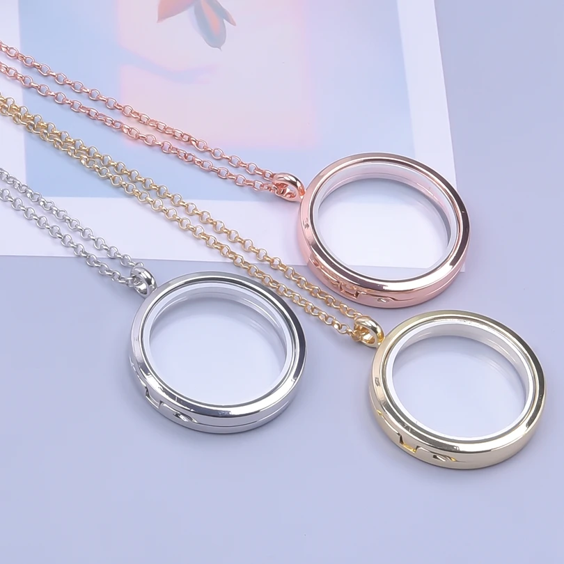 Trendy Necklace for Women Rose Gold Color Jewelry Medallion Relicario Photo Collars 60cm O-shape Chains Glass Floating Locket