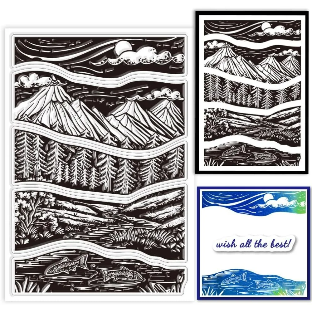 Mountains Landscape Clear Stamps for Cards Making Linoleum Print Picture Clear Stamp Seals Transparent Stamps for DIY