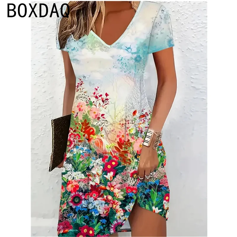 Vestido estampado de manga corta con cuello en V para mujer, vestido personalizado de calle a la moda para mujer, vestido acampanado holgado informal Floral Vintage 3D