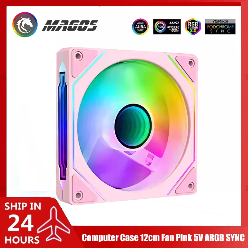 Computer Case Fan Pink 5V ARGB SYNC, 12cm Mute Silent CPU Cooler 120mm 16.5M Colors Light, Forward or Reverse Blade, LJ 4PRO
