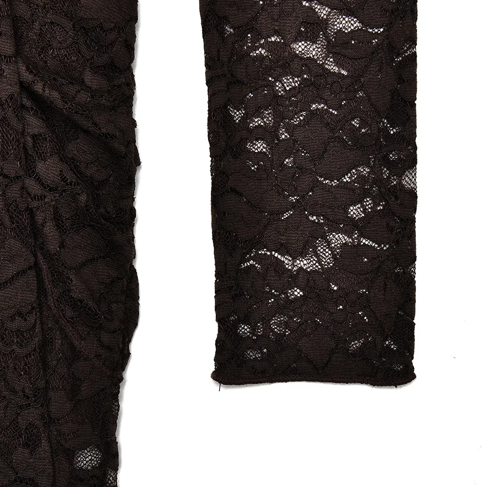 ผู้หญิงเซ็กซี่ดูผ่านลูกไม้ Playsuits ลึก V คอยาวแขนยาวโลหะหัวเข็มขัดริบบิ้น Ruched Capris Overalls Club Party Rompers