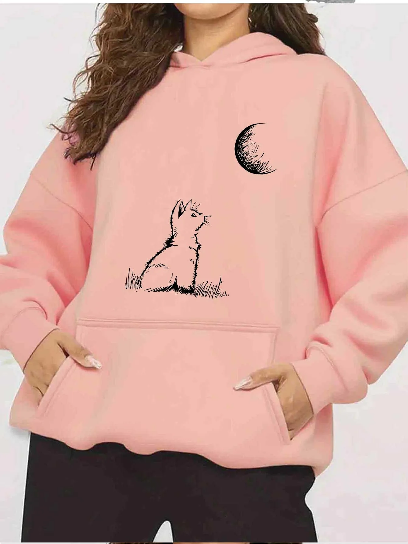2025 Herfst en winter Dames Casual Cat Moon Line Art Print Sweatshirt met capuchon Zacht roze trui Comfortabele persoonlijkheid Y2K