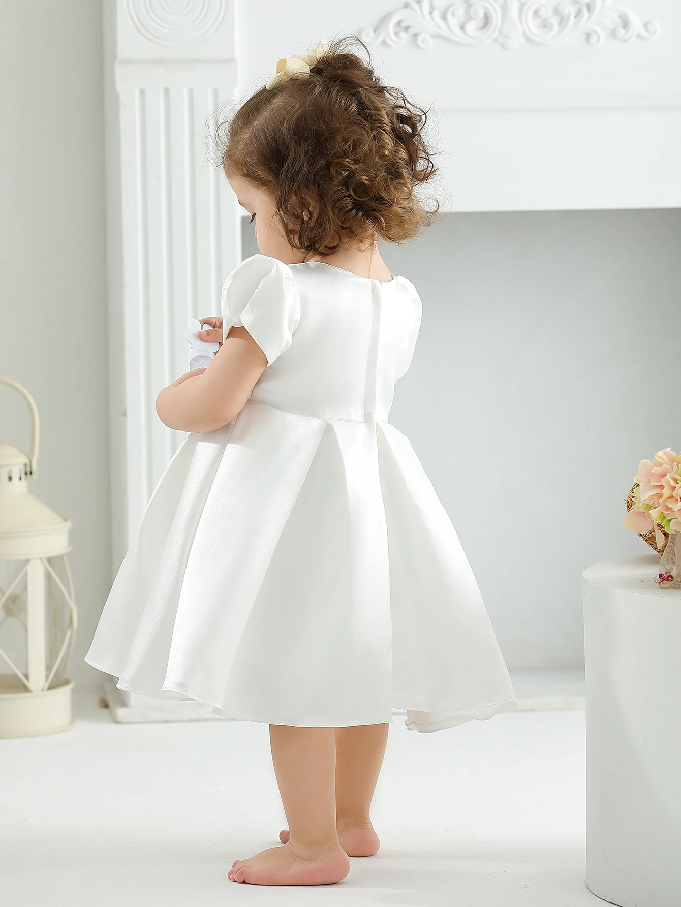 Soft Satin Hand Made Pearl Decoration Ruffle Elegant Party Wedding Baptism Baby Dress