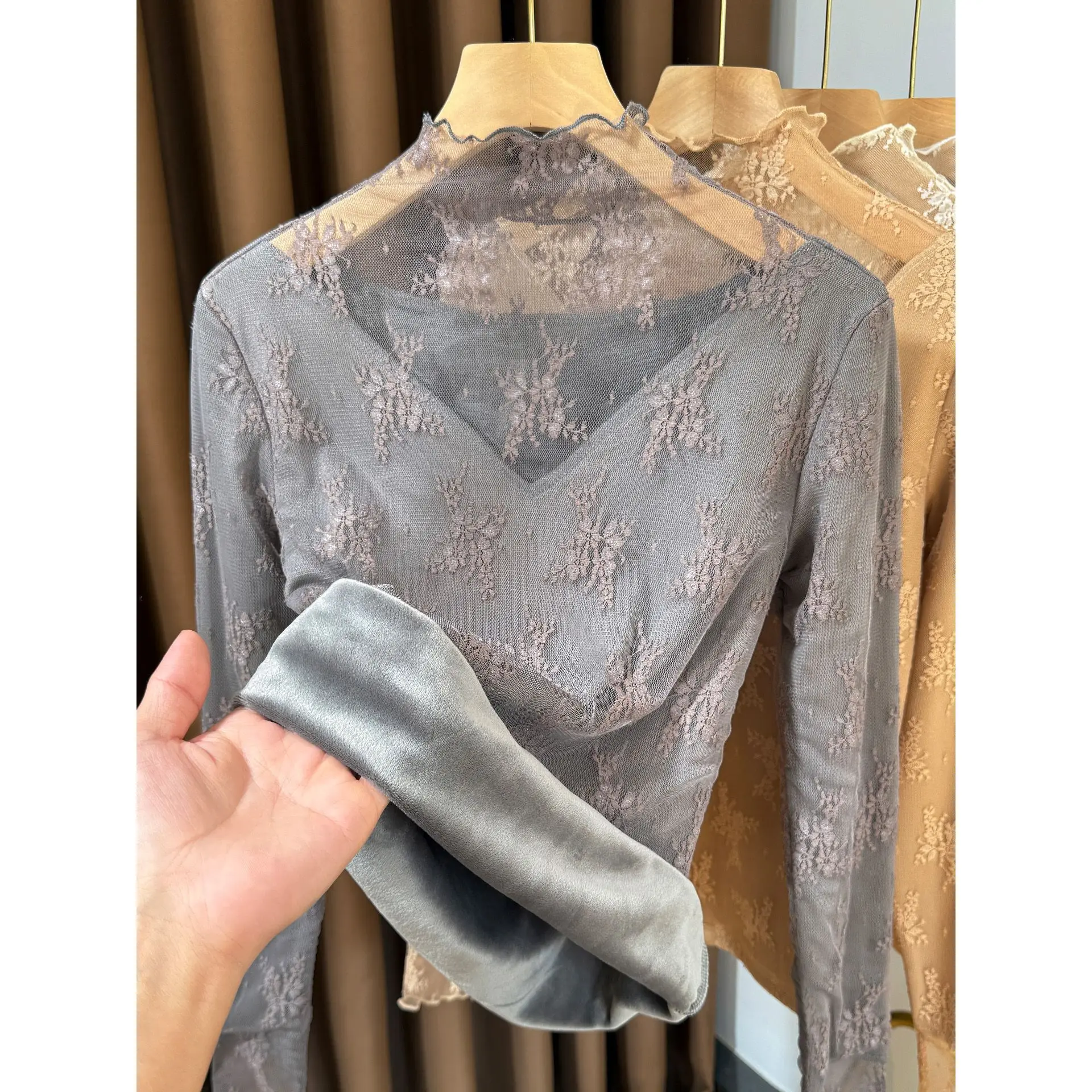 

Women's Fce Lined Lace Base irt f High Collar Layering Top Warm Autumn Winter Faion Casual Sle Long Sve Net irt