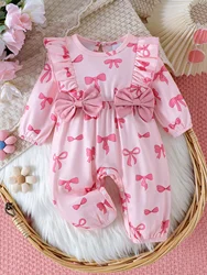 Autumn New Style For 0-1 Year Old Girls, Comfortable Sweet And Cute Round-Collar Bow Printed Jumpsuits