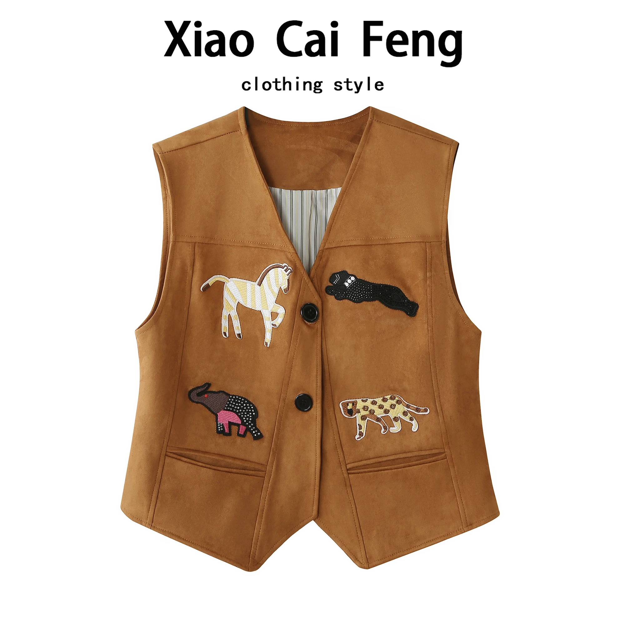 Women's Suede Vest Cartoon Patchwork Outerwear V-Neck Thickened Regular Length Single Button Closure Autumn Fashion Item