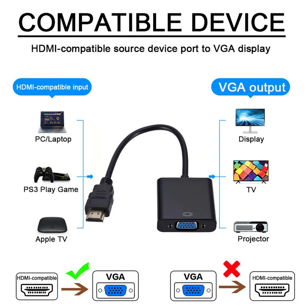 Cable adaptador HD 1080P HDMI compatible con VGA con convertidor de puerto de alimentación de Audio aplicable a PS4 XBOX PC portátil HDTV Monitor de proyector