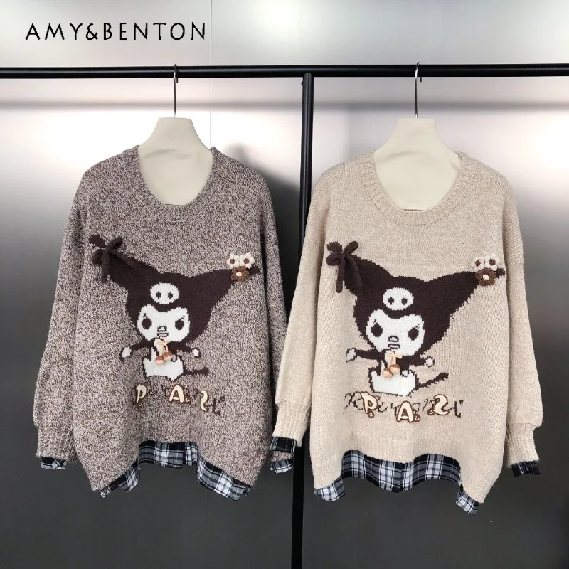 

New Japanese And Korean Style College Knitwear Youthful Cartoon Jacquard 3D Design Plaid Patchwork Fake Two-Piece Sweater Female