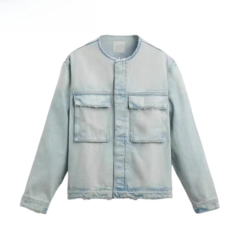 

Autumn New Men's round Ne Long Sve ket Decorated Asymmetrical Denim Jaet Outerwear Casual Trendy Loose Fit Youthful