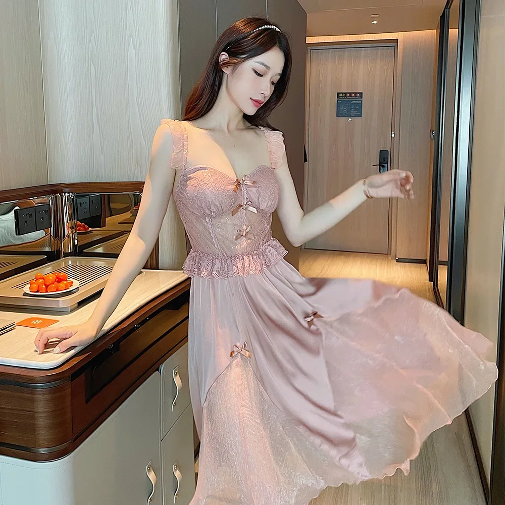 Women's French Style Sexy Ice Silk Tank Sleep Dress Thin Lace Hollow Out Chest Pad Medium Length Homewear Summer Pajamas